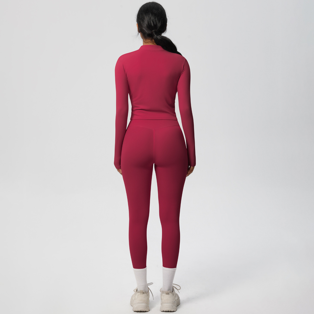 国境を越えた欧米の新型毛磨き裸感修身運動ファスナー長袖高腰ズボンセットフィットネスヨガセット