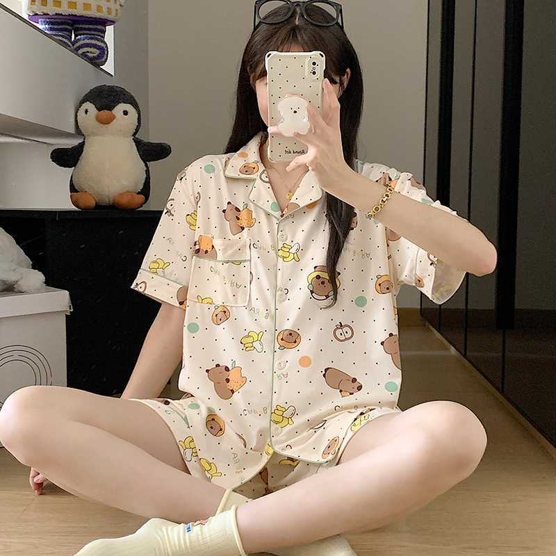 Venta al por mayor transfronteriza nuevo estilo imitación algodón de manga corta pantalones cortos pijamas mujeres rebeca de verano dulce y lindo dibujos animados casual servicio a domicilio