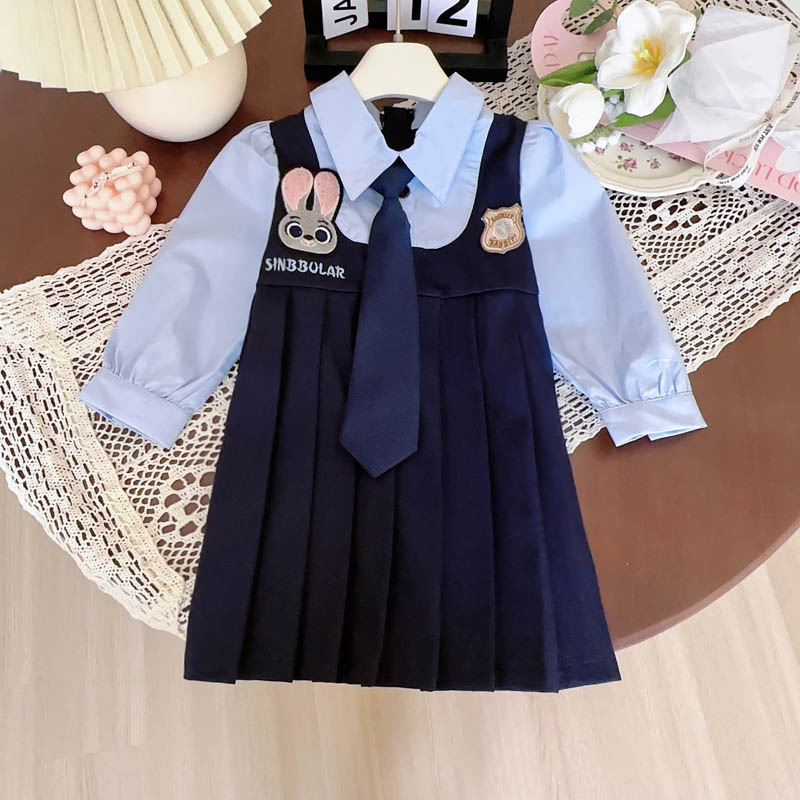 女童小兔子连衣裙春秋季新款假两件长袖连衣裙送领带AQA053|undefined