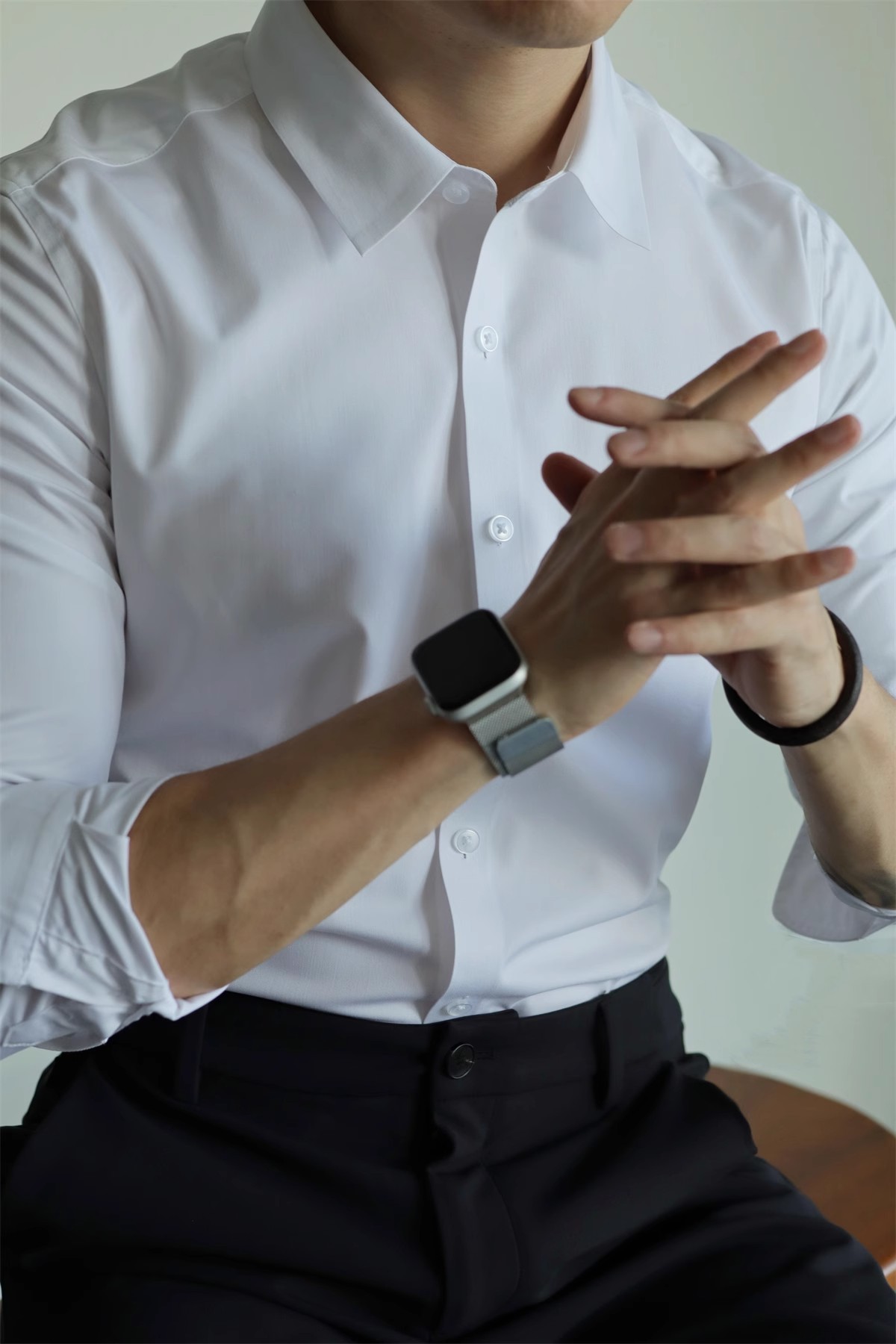 Abbigliamento da uomo, non stirabile, tinta unita, tecnologia nera a tre strati, senza cuciture, in fibra di bambù, a maniche lunghe, per il tempo libero, per lavoro, vestibilità comoda e aderente._voghion.com