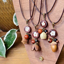 复古森林系日系创意手工木质吊珠小花干果项链饰品女简约风锁骨链