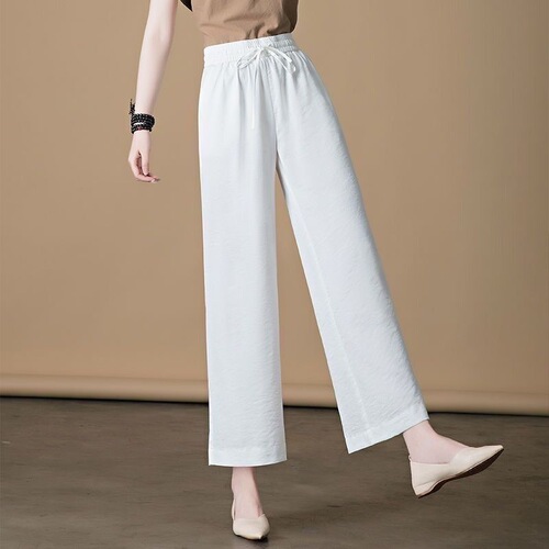 Cotton-Linen Wide-Leg Pants for Women, Zen Style, Autumn High-Waisted, Flowing Linen Cropped Pants, Plus-Size Tai Chi Pants with Drawstring, Straight-Leg Casual Trousers