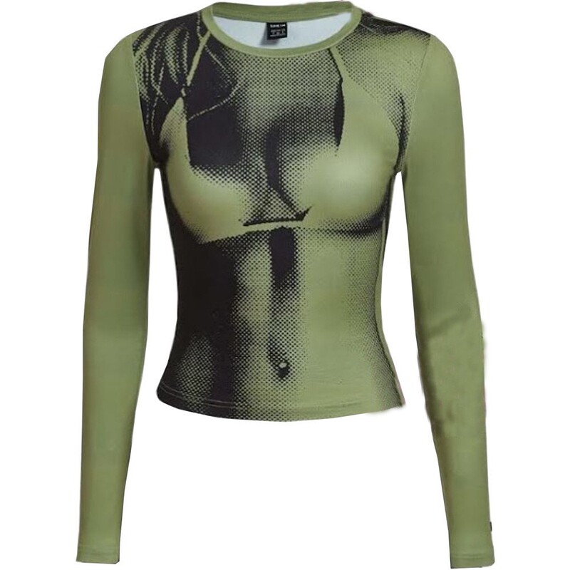 European and American Style Ins Style Women's Clothing 2025 New Fashion 3D Printing Slim Round Neck Long-Sleeved Tops Foreign Trade Wholesale