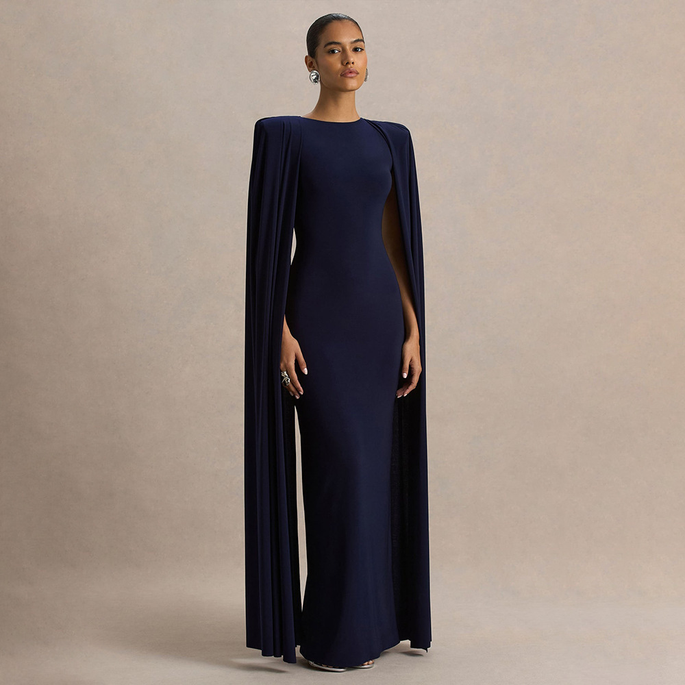 Elegant Women's Party Dress With Pleated Cape - Round Neck Solid Color Maxi Dress For Banquet & Evening Occasions_ecoleips.com