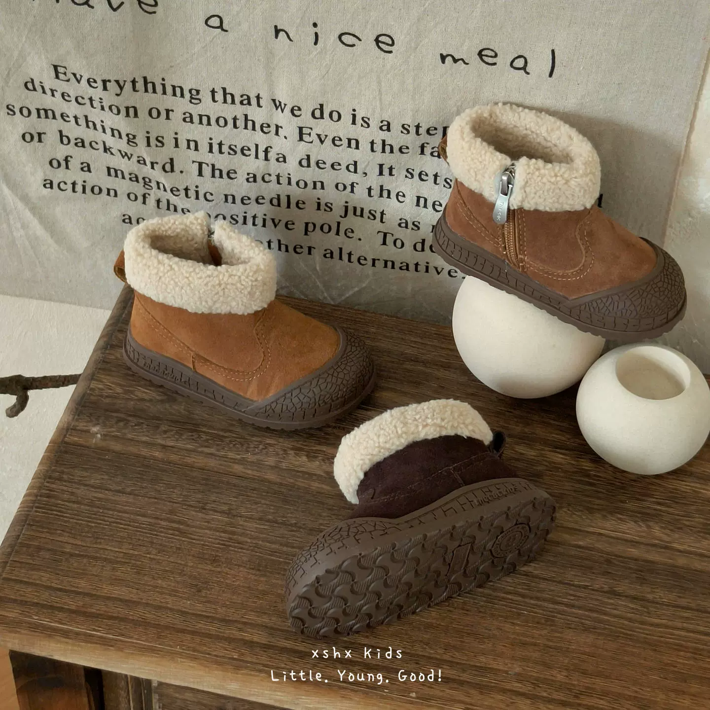 XSHX复古包头｜男女童巴黎风简约皮靴秋冬保暖防滑橡胶侧拉链