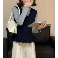 秋季气质一整套ootd穿搭小个子韩系通勤藏青色背心打底衫叠穿套装