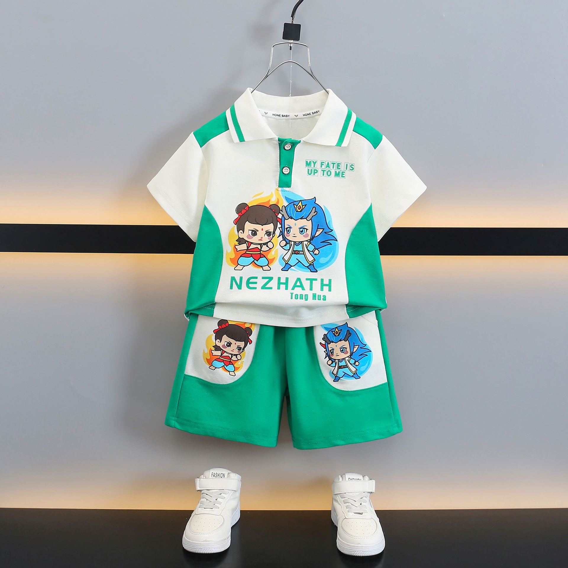 7929 traje de niño para niños guapo Nezha verano traje de dos piezas niño de un año bebé pantalones cortos de manga corta para niños pequeños y medianos