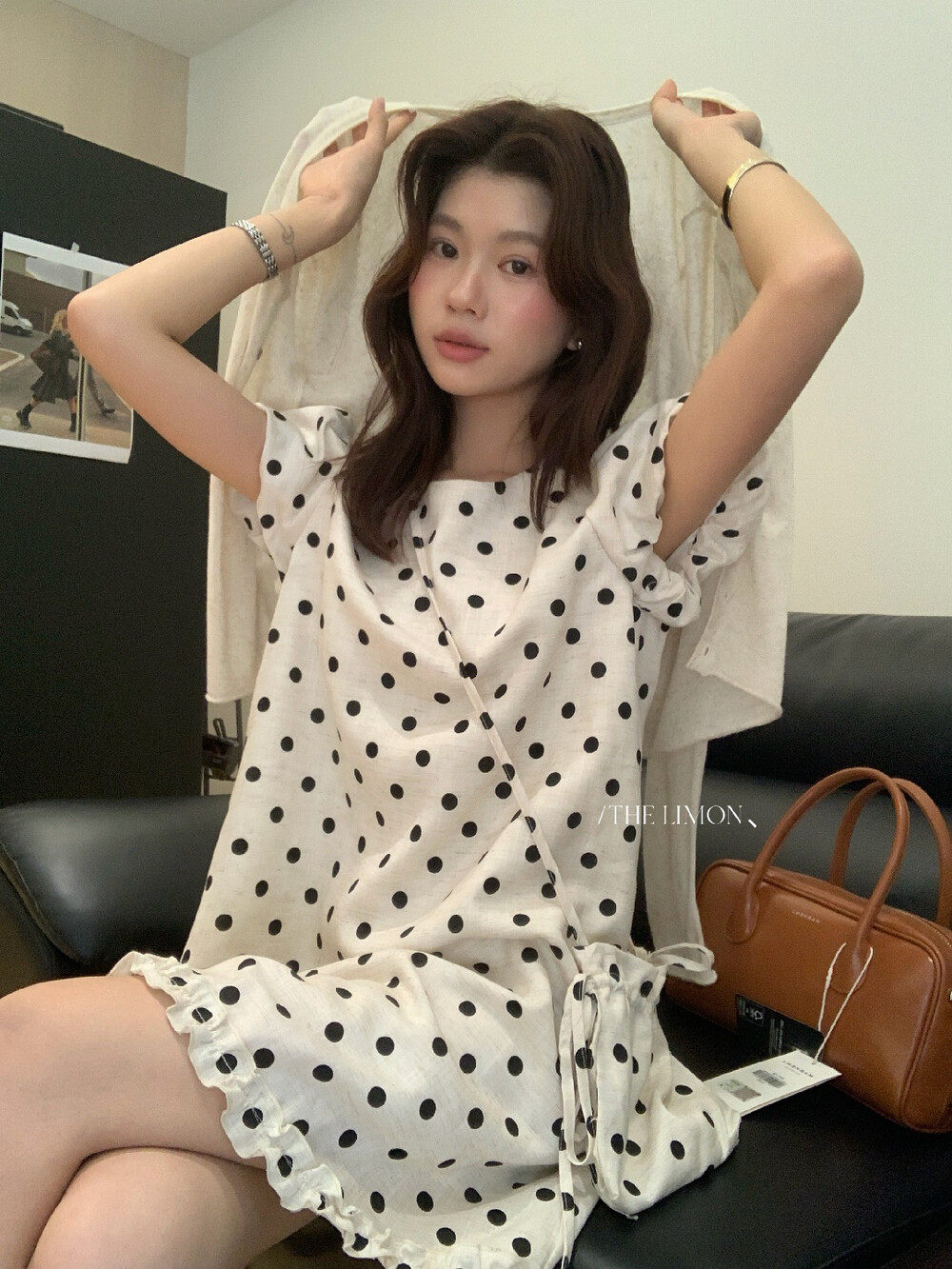 Đầm maxi nữ chất liệu tencel linen chấm bi tay bồng cổ điển — Gai mè chi tiết 36