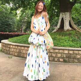 原版做法 田园风彩色印花吊带两件套新款小个子度假风大摆裙套装