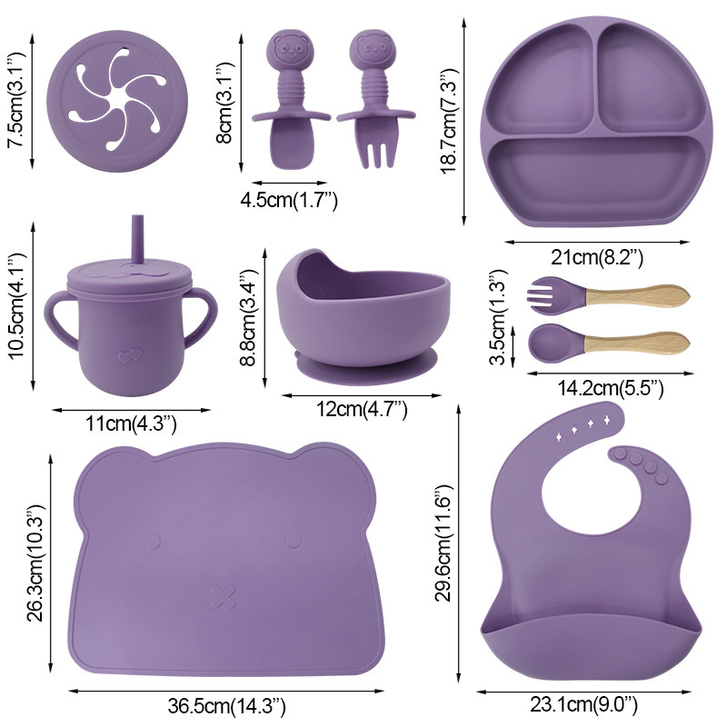Conjunto de cubiertos de silicona para niños de grado alimenticio, platos de comedor de tres compartimentos, tazas de agua de silicona para bebés, tazas de silicona para estudiantes