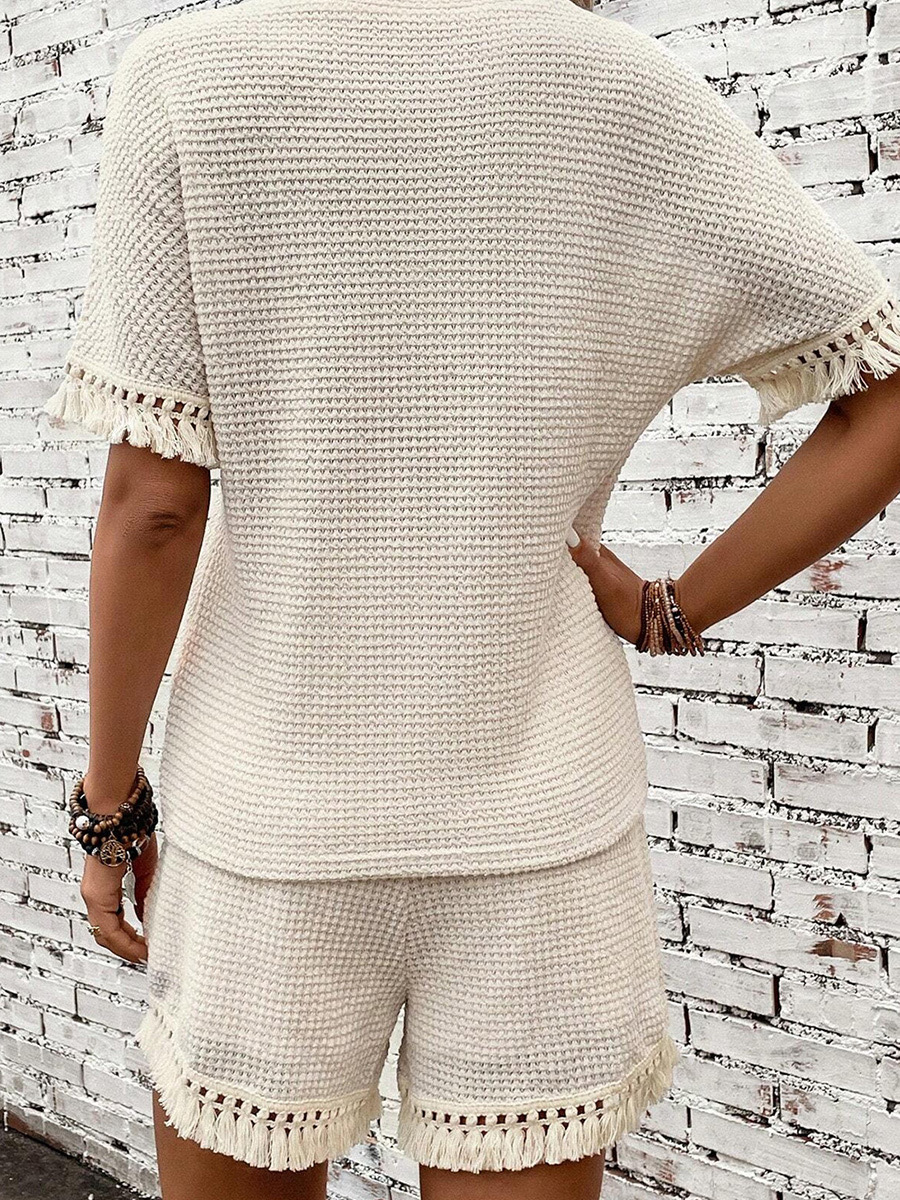 Women Clothing Summer Solid Color Simple Tassel Trim Texture Two Piece Set