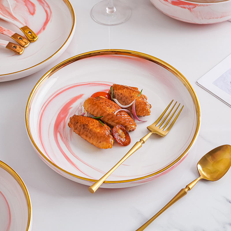 Estilo nórdico borde dorado Luz de lujo mármol cerámica tazón placa vajilla traje hogar tazón de arroz plato sopa tazón combinación