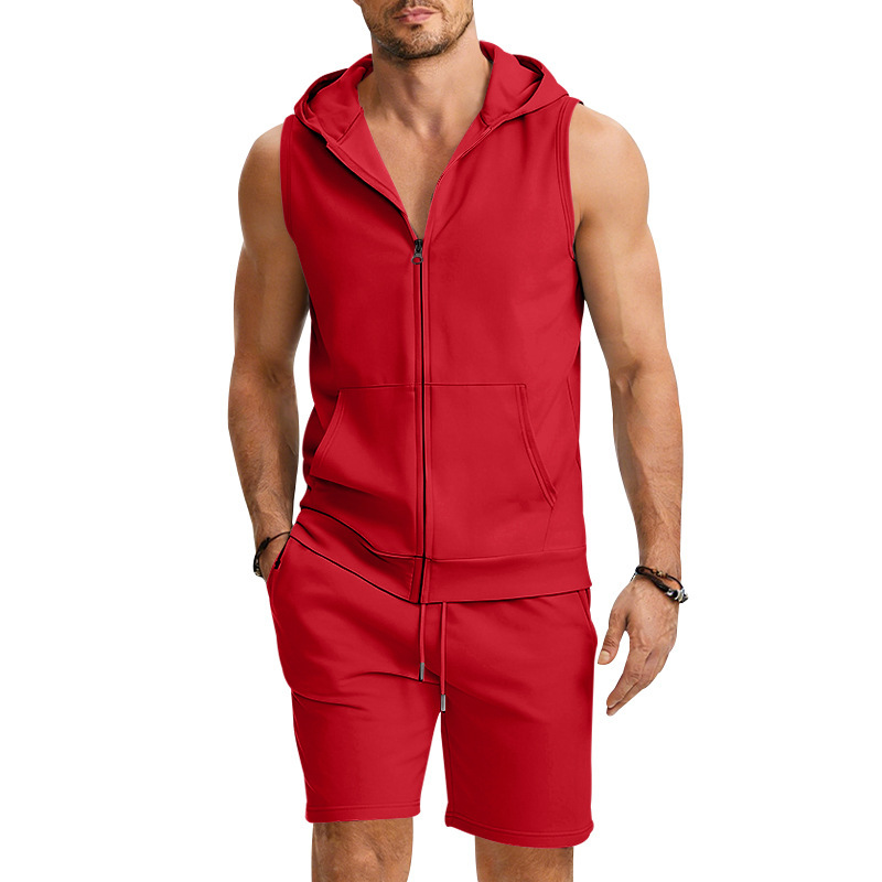 Men's Zip-Front Sleeveless Hoodie And Shorts Set Lightweight Athletic Gym Wear for Summer Workouts And Casual Street Style_viptrois.com