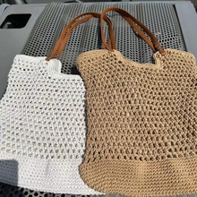新款米白棉麻女包 钩织净版镂空网包杏色简约大方麻布内衬斜跨包
