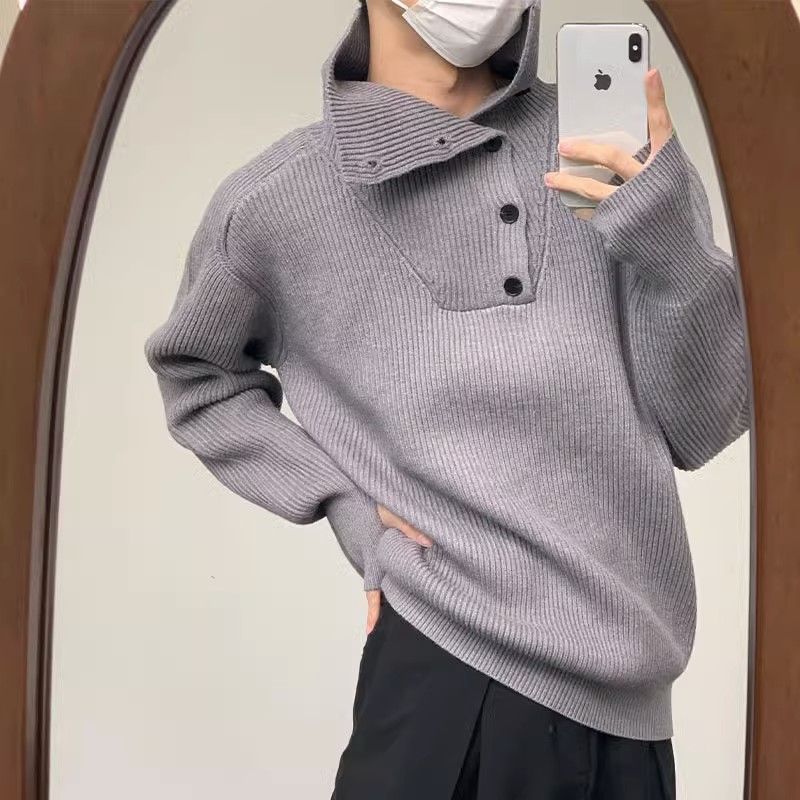 Botón estilo coreano suave textura glutinosa medio suéter de cuello alto de los hombres de alto grado de otoño e invierno flojo perezoso suéter abrigo de moda