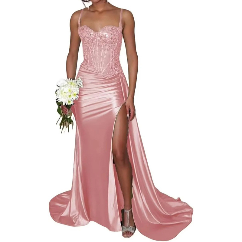 Vestido de noche sexy dividido de satén Vestido largo de tubo transfronterizo europeo y americano con cintura de espina de pescado Vestido delgado Falda larga image 19