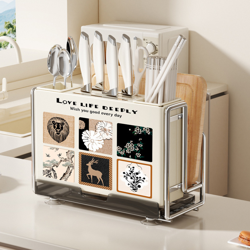2025 New Mid-Century Style Kitchen Knife Holder Storage Rack Cutting Board Knife Multi-Functional Chopstick Cage Integrated Storage and Placement