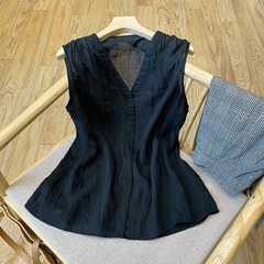 テンセルラミー日本製 V ネックベスト女性の夏軽くてルーズなプリーツテクスチャーコットンとリネンのノースリーブシャツトップ