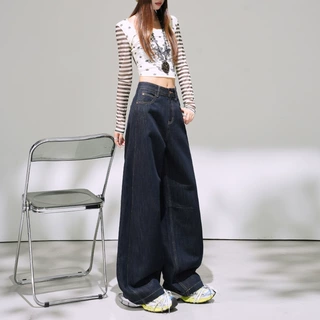 厂家直销深蓝色阔腿牛仔裤女2026年春季新款高腰宽松直筒弯刀裤子