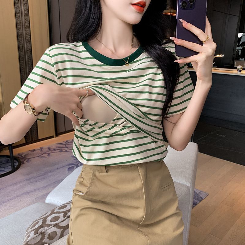 Pure Cotton Sweat-Absorbent Nursing T-Shirt with Stripes, Summer Postpartum Soft and Comfortable Breastfeeding Top for Hot Moms, Breathable Pure Cotton Sweat-Absorbent Nursing T-Shirt with Stripes, Summer Postpartum Soft and Comfortable Breastfeeding Top for Hot Moms, Breathable