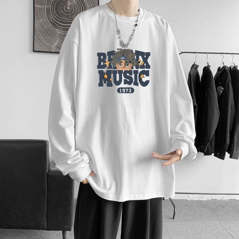 Spring and Autumn New Long-Sleeved T-Shirt Hong Kong Style Music Boy Printed Men's Bottoming Handsome Top Clothes Outer Wear Autumn Clothes Sweatshirt