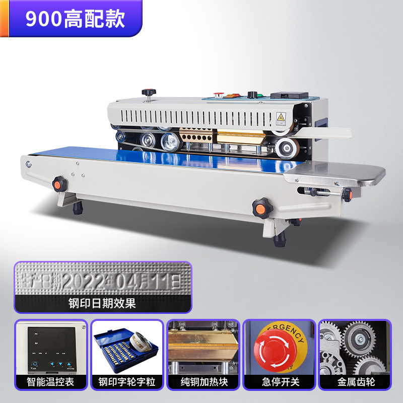 Máquina de sellado continuo automático para bolsas de aluminio comerciales de té, bolsas de papel y plástico, máquina de sellado térmico, fecha de impresión de acero, fecha de impresión de tinta