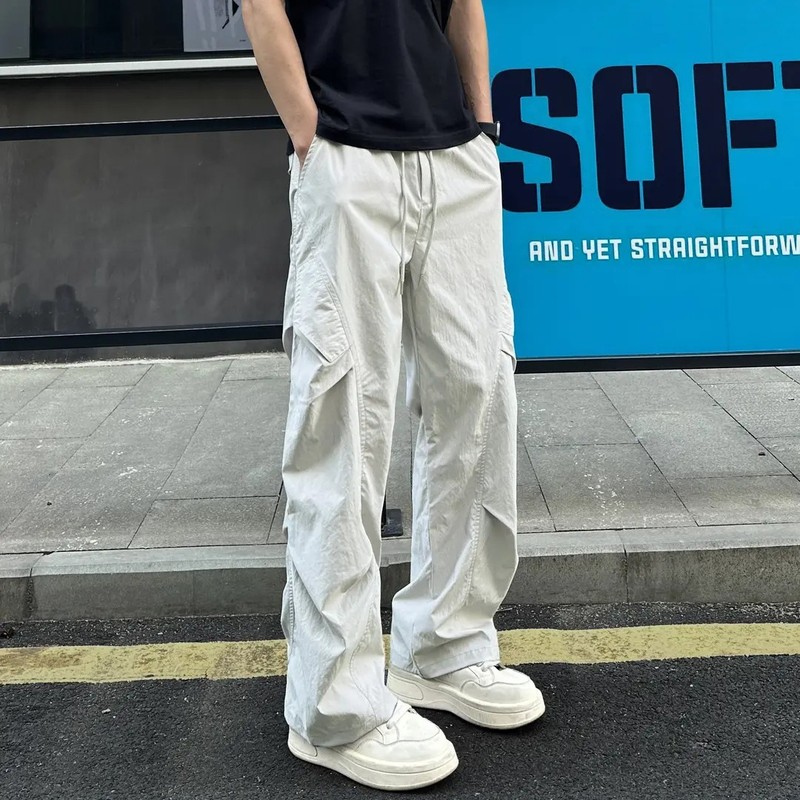 美式冰丝速干裤男夏季薄款褶皱伞兵工装裤垂坠感休闲宽松防晒裤子|undefined