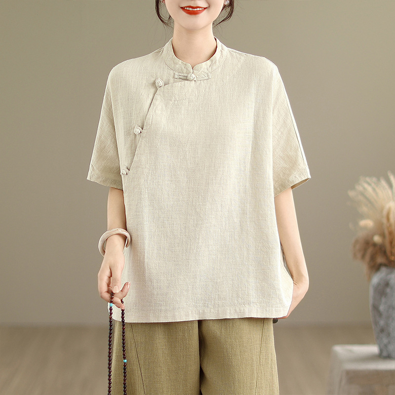 新しい綿とリネンのレトロな女性の新しい夏の半袖スタンドアップカラーボタン付き新しい中国風トップルーズ禅茶服|undefined