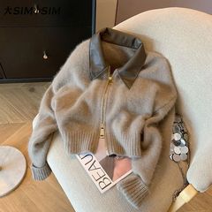 外套拼接皮领拉链短款时尚名媛春秋毛衣开衫女