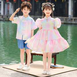 工厂直销夏季童装彩虹演出服装女孩公主裙连衣裙子男女童表演服
