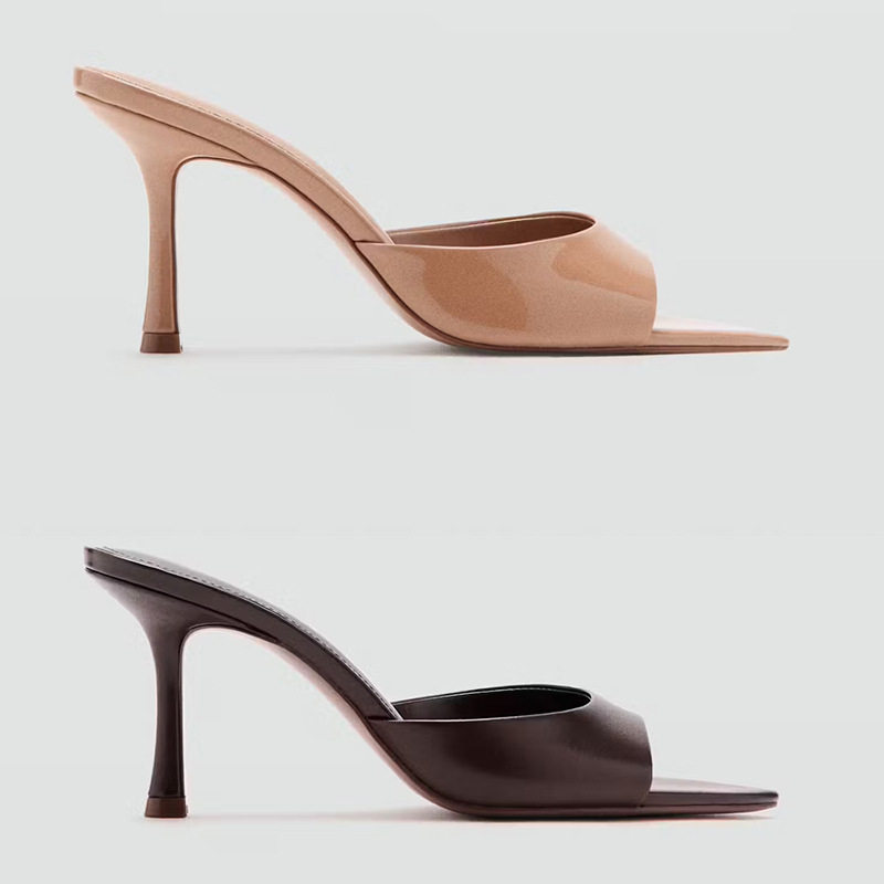 2026 Summer New Women's Shoes Patent Leather Mules Shallow High-Heeled Sandals Women's Thin-Heeled Slip-On Slippers for Outdoor Wear
