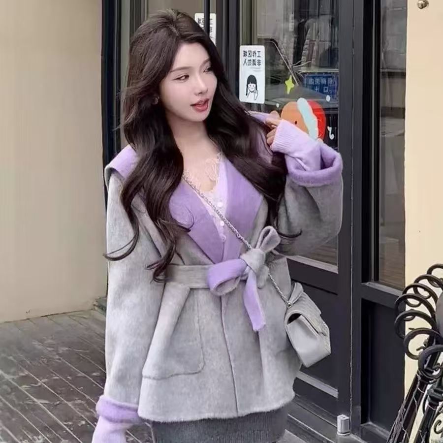 那2025秋冬新品羊毛大衣韩版宽松休闲海军领拼色毛呢外套现货