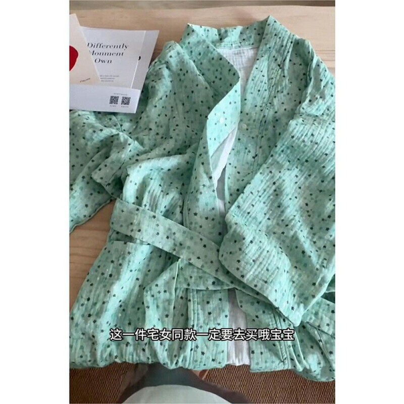 Japanese-style high-appearance green star print pajamas for women, new spring and autumn loose and comfortable robe, plus-size home wear