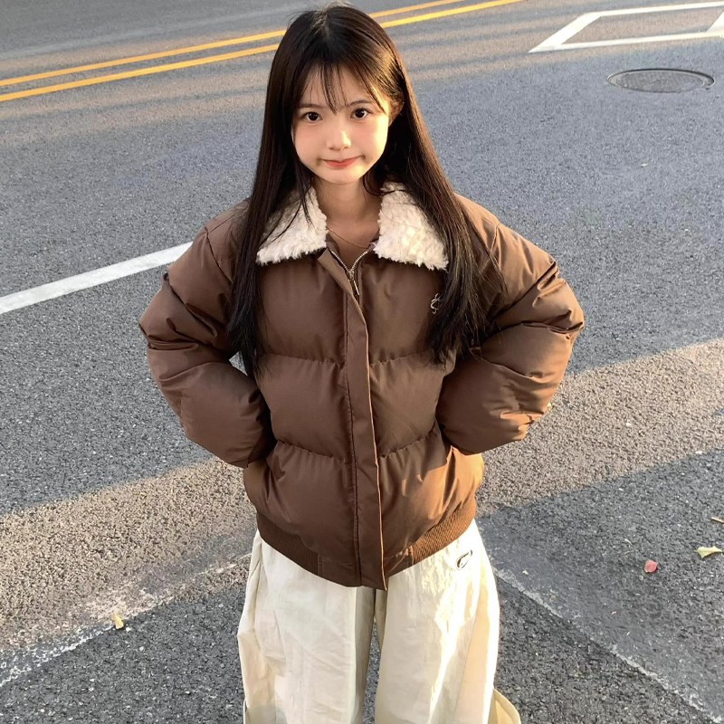 양모 양모 옷깃 코튼 패딩 코트 여성용 2024 년 겨울 의류 새로운 복고풍 짧은 면 패딩 코트 미국 빵 의류 학생 코트 트렌디