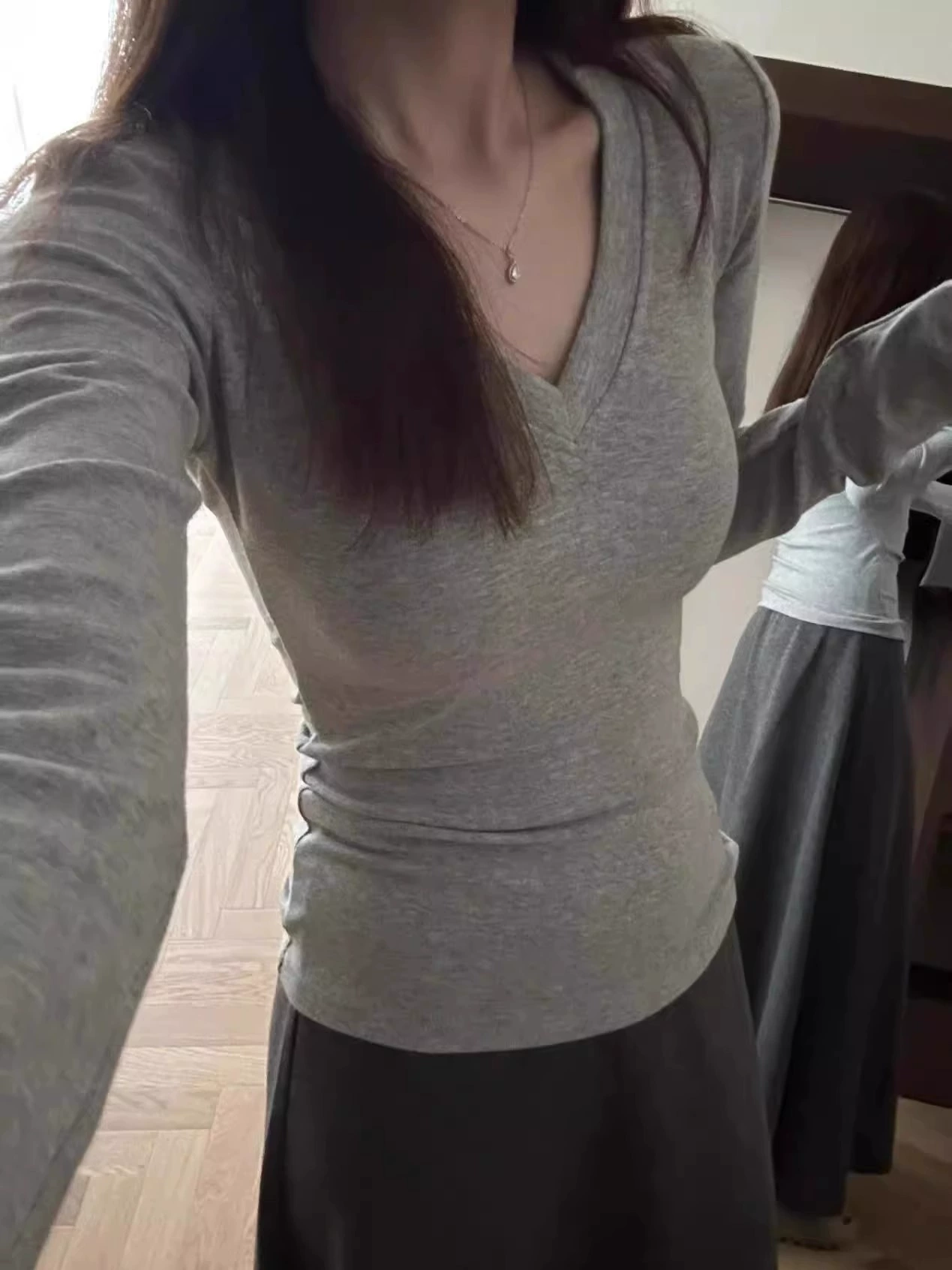 Женственная блуза с длинным рукавом, V-образный вырез, Slim Fit, осень, размеры S–XL, черный/серый/белый
