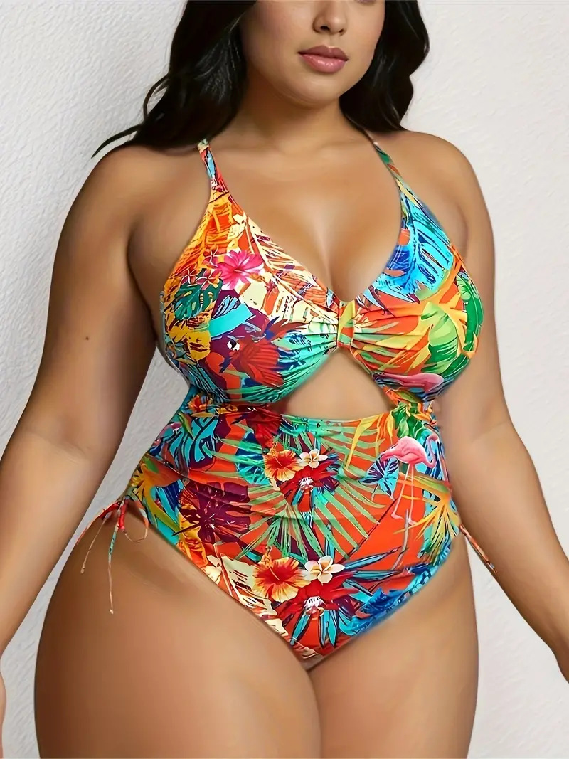 Tropical Pattern Hollowed-out Cross-back Strap Multi-color Printed Sexy Plus-size Swimsuit TK014_voghion.com