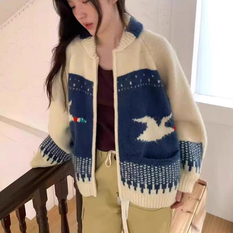 韩版秋冬新款复古减龄费尔岛提花软糯长袖针织开衫毛衣外套女潮|undefined