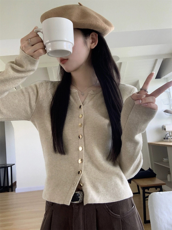 女士针织开衫春秋款外穿时尚洋气V领纯色修身短款百搭毛衣小外套|undefined