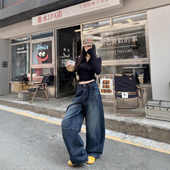 广州十三行高货爆款~弯刀牛仔长裤女后袋刺绣宽松水洗拖地阔腿裤