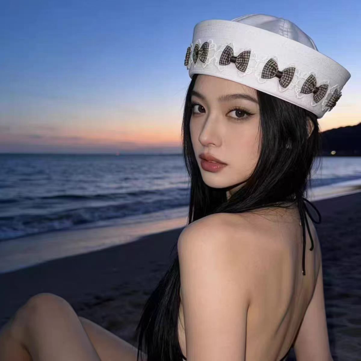검정 리본 세일러 모자