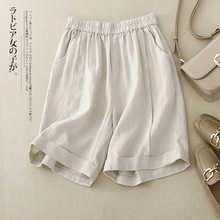 棉麻短裤女装夏季松紧高腰阔腿裤2025新款宽松文艺休闲五分裤中裤