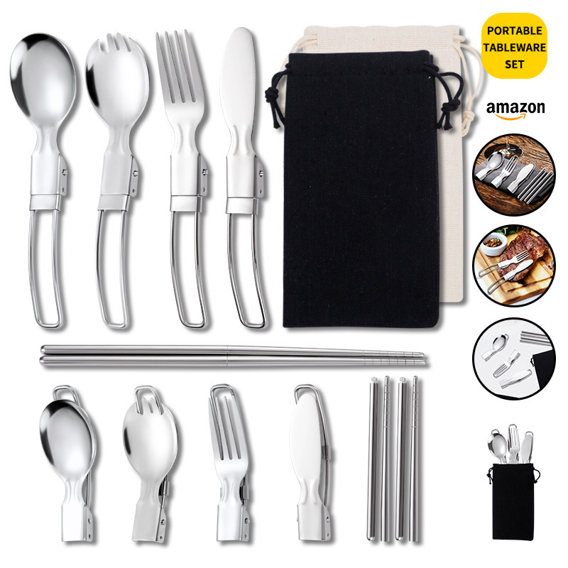 304 stainless steel folding tableware set folding knife, fork and spoon detachable chopsticks cross-border outdoor portable tableware bag 304 stainless steel folding tableware set folding knife, fork and spoon detachable chopsticks cross-border outdoor portable tableware bag