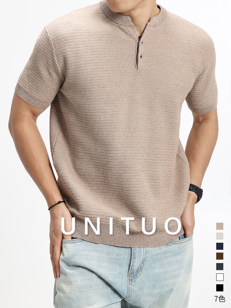 Cross-border hombre lujoso ligero Vogue punto de manga corta Henry cuello botón media manga camiseta de alta calidad europea y americana ropa de hombre