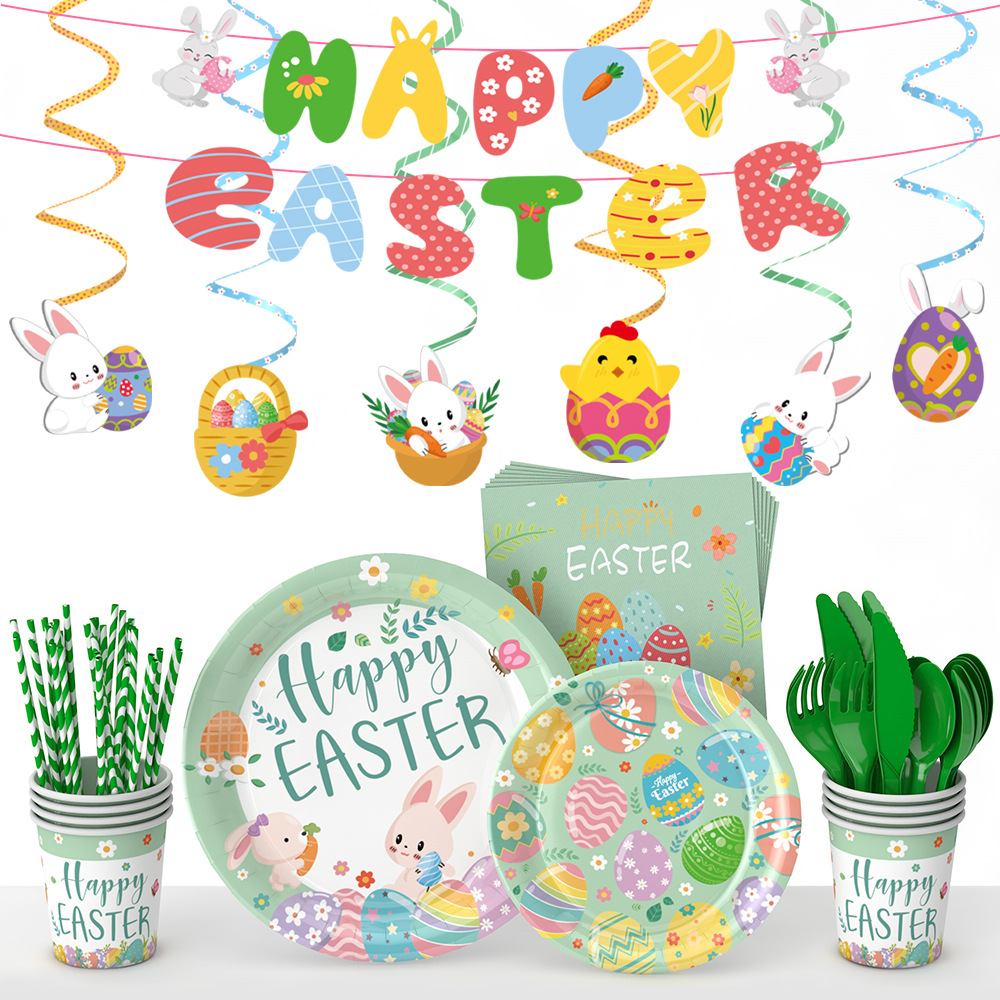 Nuevo Conejo de Pascua tema suministros de decoración plato de papel desechable taza de papel tire bandera decoración del partido traje