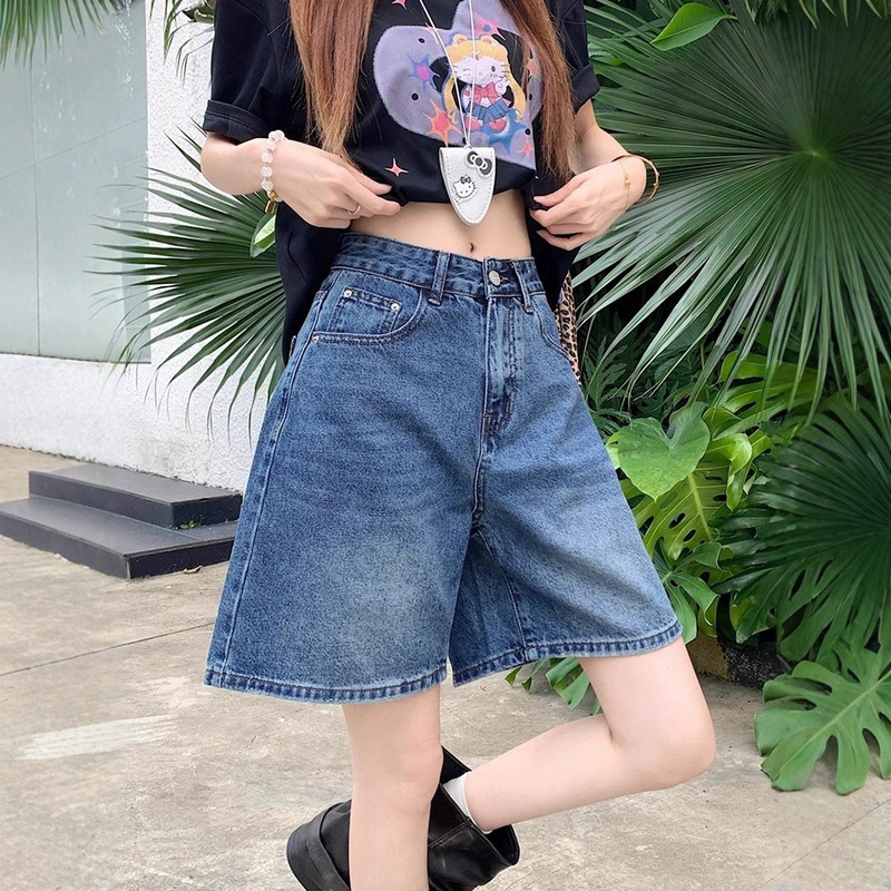 复古蓝韩系外穿通勤易搭时尚阔腿牛仔短裤女宽松梨形显瘦身材五分|undefined