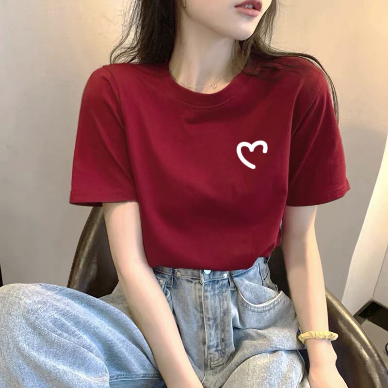 Shoulder Pure Cotton Short-sleeved T-shirt Women's Summer Thin New Korean Style Loose wine red Slim-fit Half-sleeved Top Fashionable Clothes