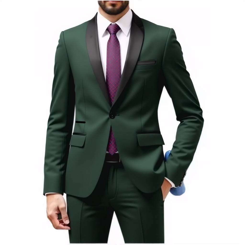 Zweiteiliges Set Grüner Fruchtkragen Bräutigam Herren Slim Fit Schwarzer Trauzeugenanzug Hochzeit Abendgarderobe_voghion.com