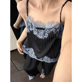 法式蕾丝装饰条纹睡衣女夏季新款性感吊带长裤休闲舒适家居服套装