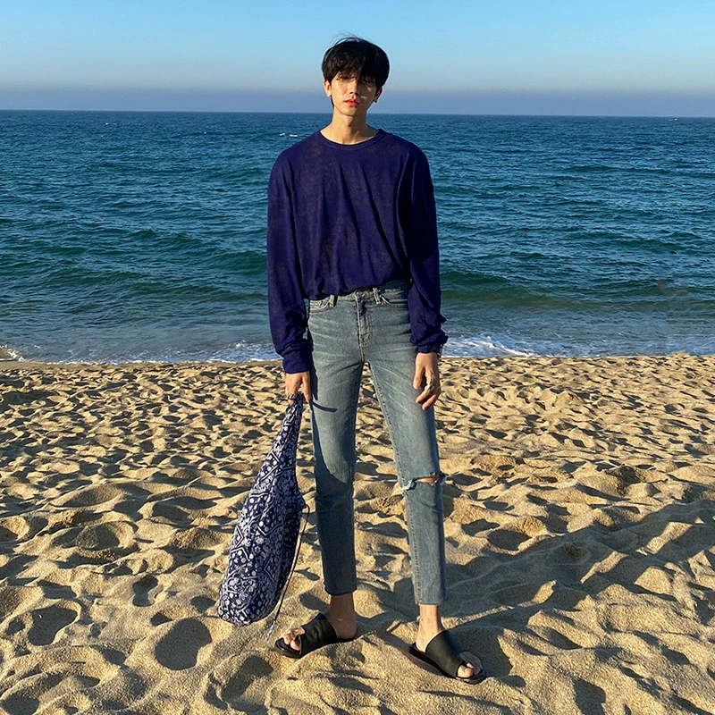 Мужские укороченные джинсы MYQ в Южной Корее, модные облегающие рваные длинные брюки, прямые укороченные брюки