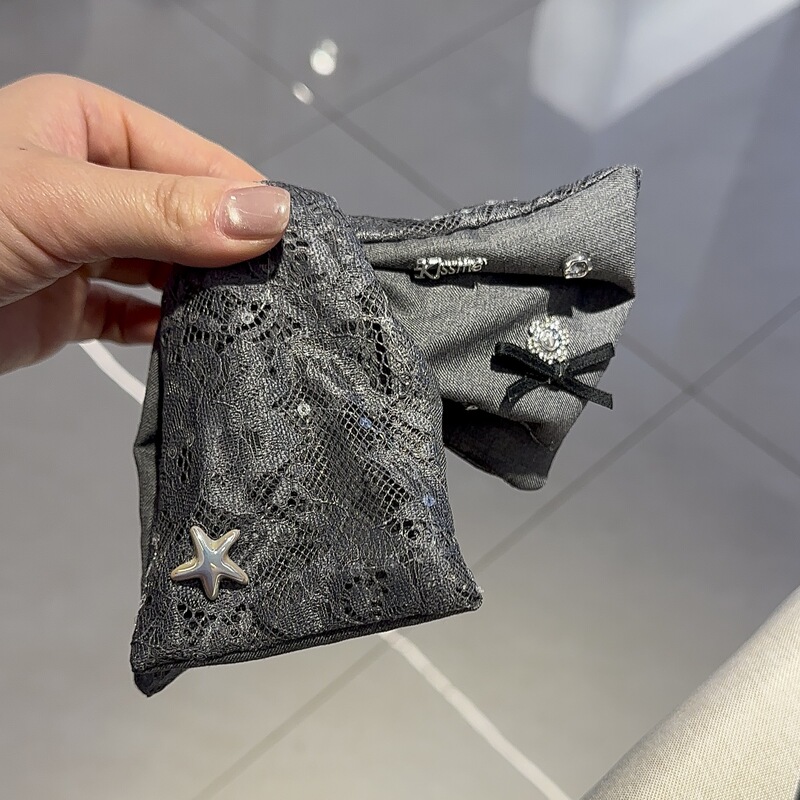 韩版发抓新品灰色布艺蝴蝶结鲨鱼抓夹蕾丝拼接布艺扎马尾发圈发绳|undefined